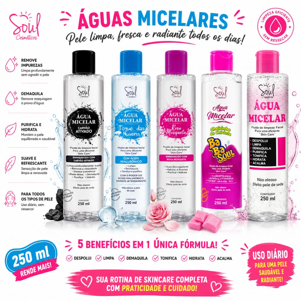 Água Micelar 250ml Soul Cosméticos (Escolha a Fragrância)
