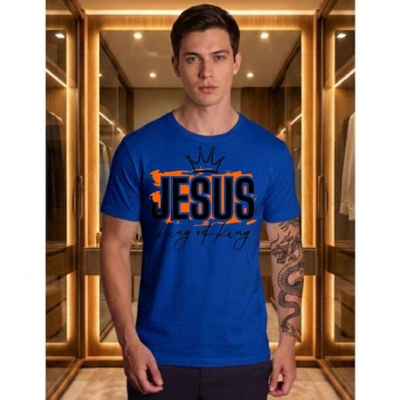 Camiseta Jesus King of Kings Cristã Malha 100% Algodão 30.1