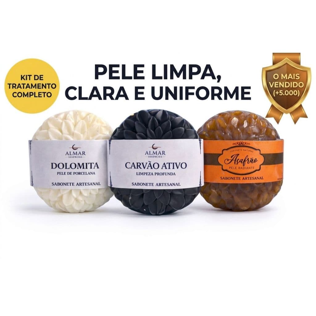 Kit Tratamento Facial Natural – Dolomita + Carvão Ativo + Açafrão | Clareador, Antiacne e Detox