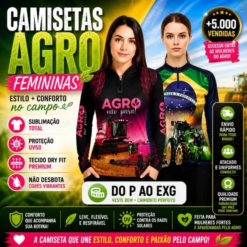 Camisa Camiseta Blusa Agro Feminina Proteção Solar Uv50 agropecuária o agro não para camisa agro brasil Agro Feminina