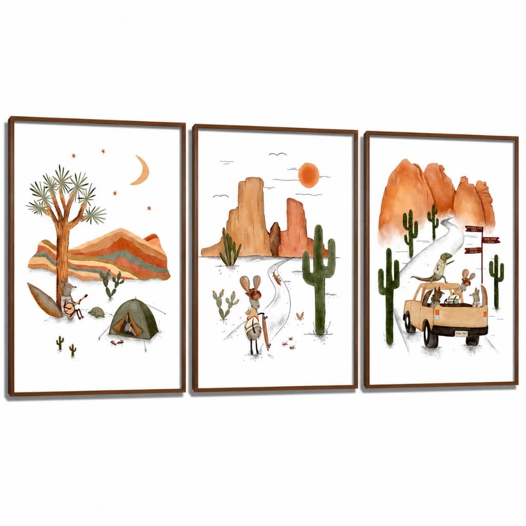 Kit 3 Quadros Decorativos Infantil | Quarto Bebê Menino | Boho, Animais, Aquarela - No177