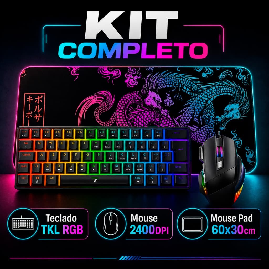 Kit Gamer Teclado TKL Semi Mecânico RGB + Mouse Gamer 2400DPI 7 Botões + Mouse Pad Grande 60x30cm