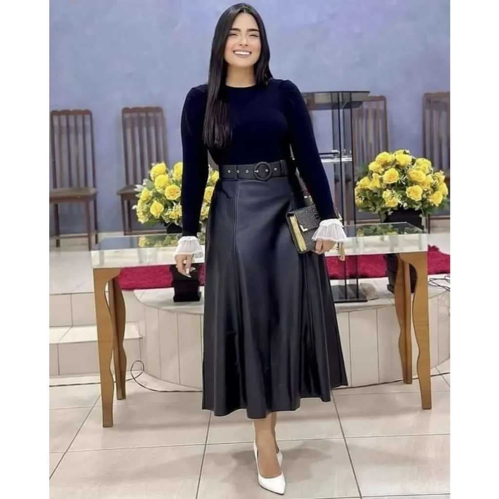 Saia Midi Elegante Feminina com Zíper Lateral Moda Evangélica Luxo Confortável em Courinho Premium para Ocasiões Especia
