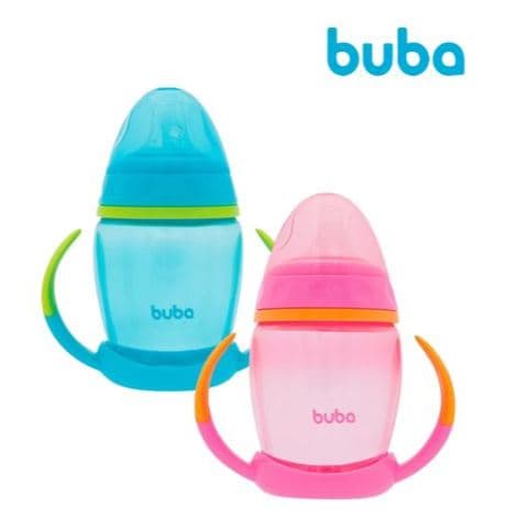Copo de Treinamento Buba 250ml Rosa ou Azul com Alça Removível +6m Bico Silicone BPA Free