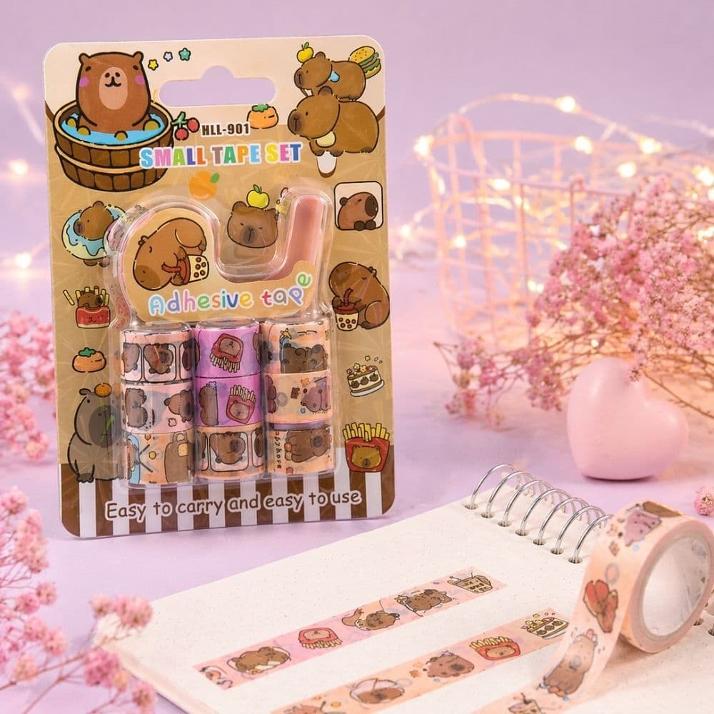 Kit Washi Tape Capivara com Suporte Aplicador | 9 Fitas Decorativas Fofas