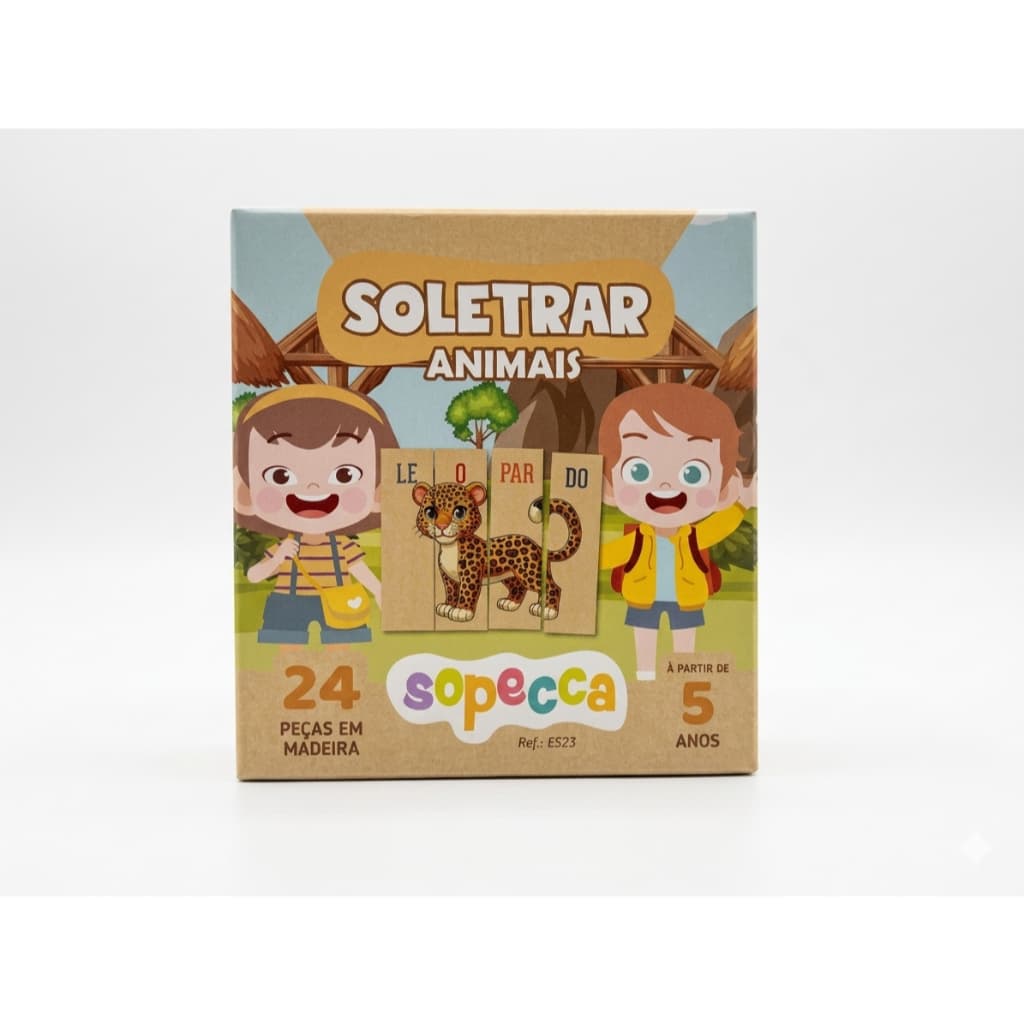 Jogo Soletrar Animais MDF 24 Peças Educativo Infantil Alfabetização Leitura +5 Anos