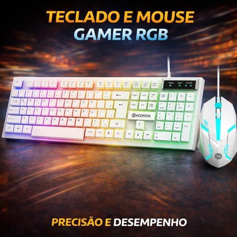 Kit Gamer Teclado + Mouse Branco RGB LED USB ABNT2 profissional– Iluminado, Conforto e Performance