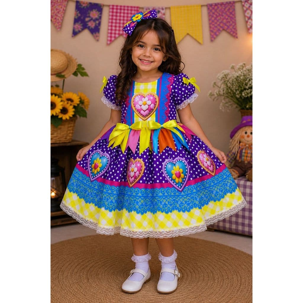 Vestido Junino Infantil Quadrilha São João Xadrez Roxo Com Detalhes Colorido de 4 a 12