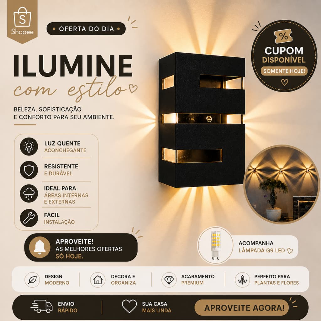 1 Luminária Arandela Massuia Externa Interna + Lâmpada- Bivolt