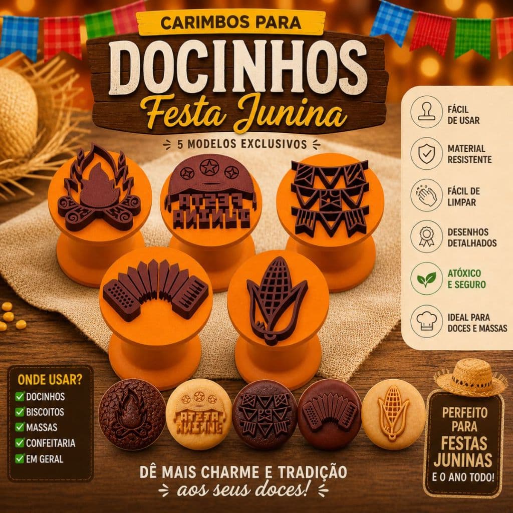 Festa Junina Carimbos para Docinhos  5 Modelos Alta Qualidade Fácil Uso Confeitaria Resistente