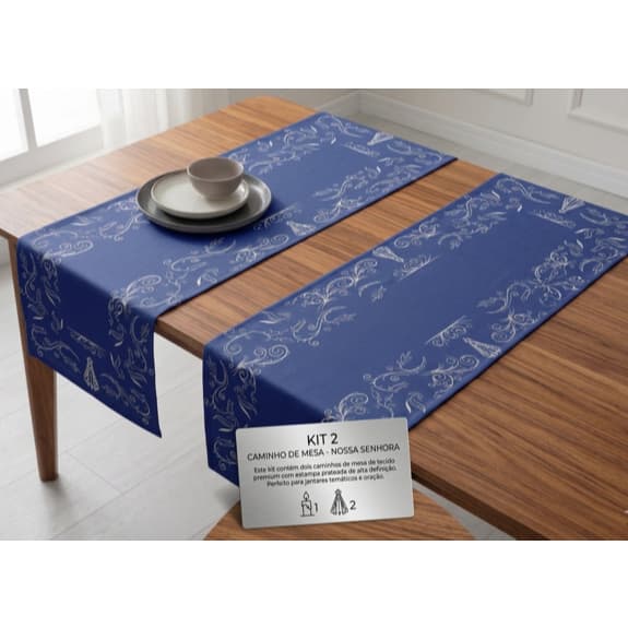 Kit 2 Caminho De Mesa Trilho Nossa Senhora Aparecida Ornamento Floral Azul 040X140cm