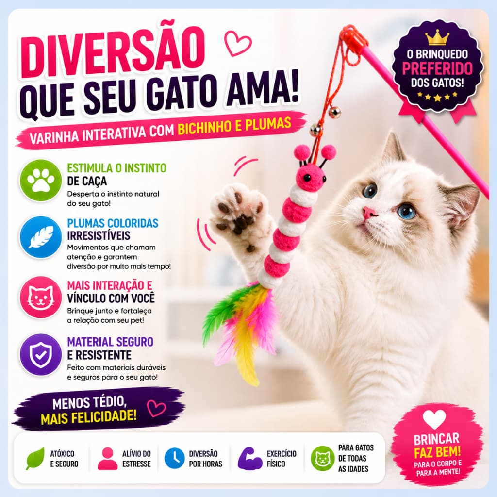 Kit 2 Varinhas Para Gato Com Guizo E Insetos Brinquedo Interativo Anti Tédio