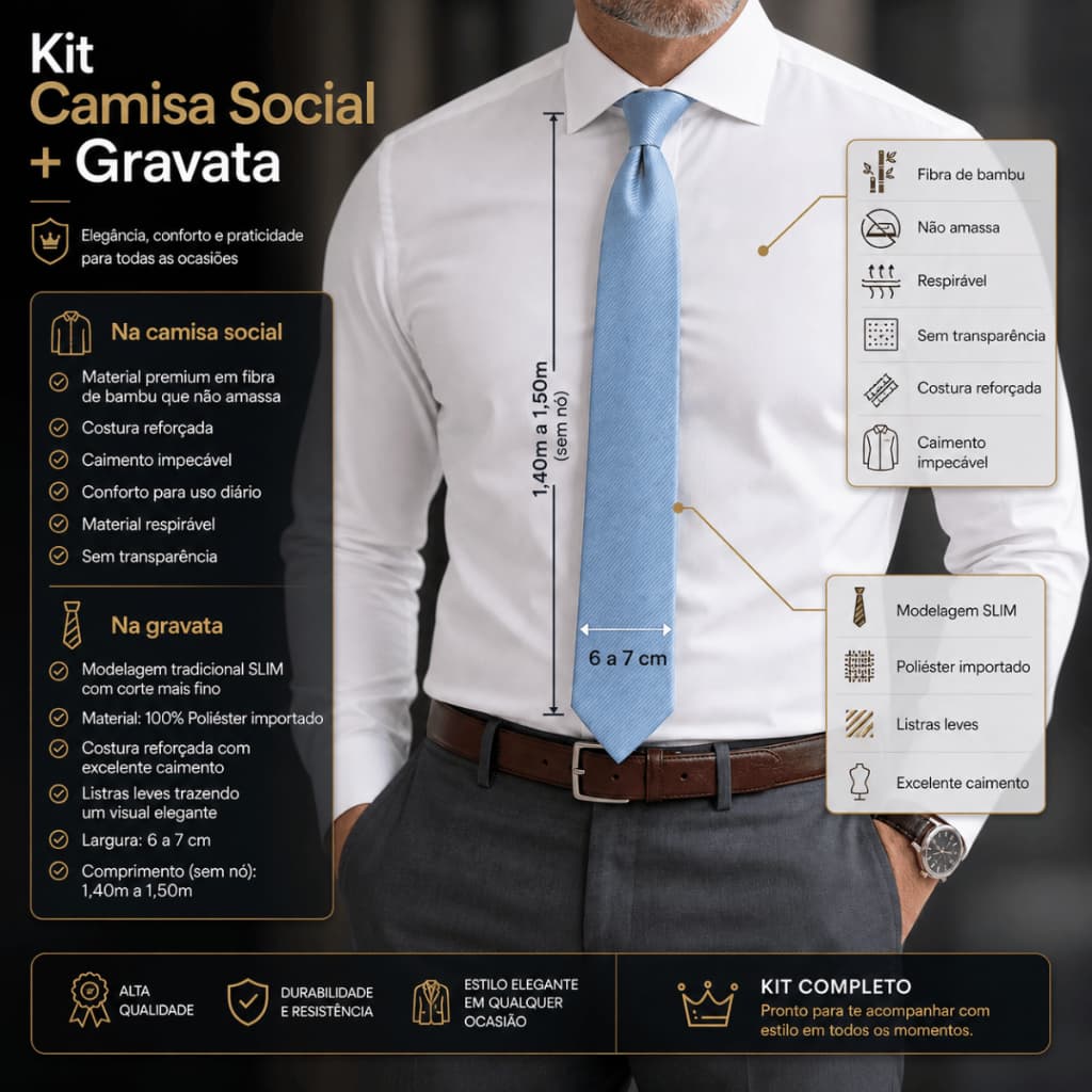 Kit Camisa Social Masculina em Fibra de Bambu que Não Amassa + Gravata Slim Lisa 100% em poliéster