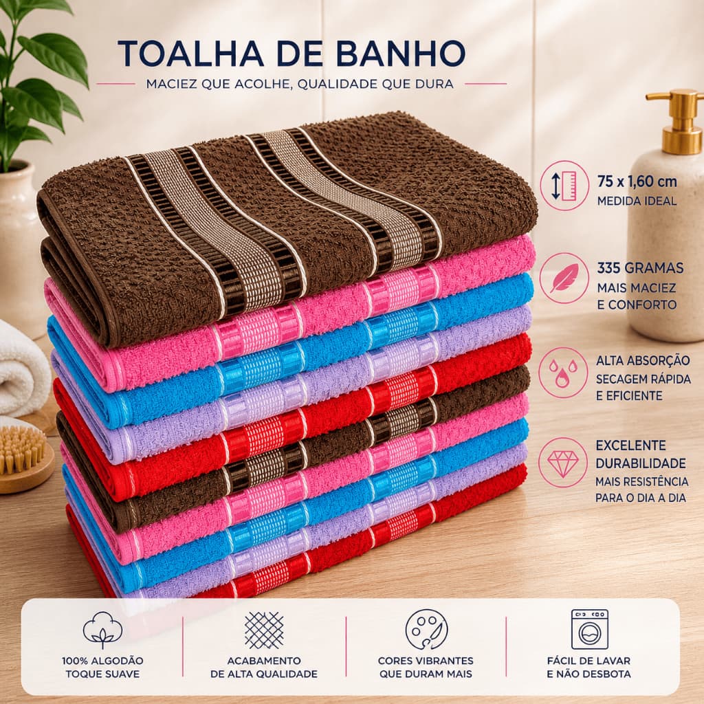 Kit 8,5 ou 3 Toalhas De Banho Gigante 75x1,60 Felpuda Toque Macio 100% Algodão