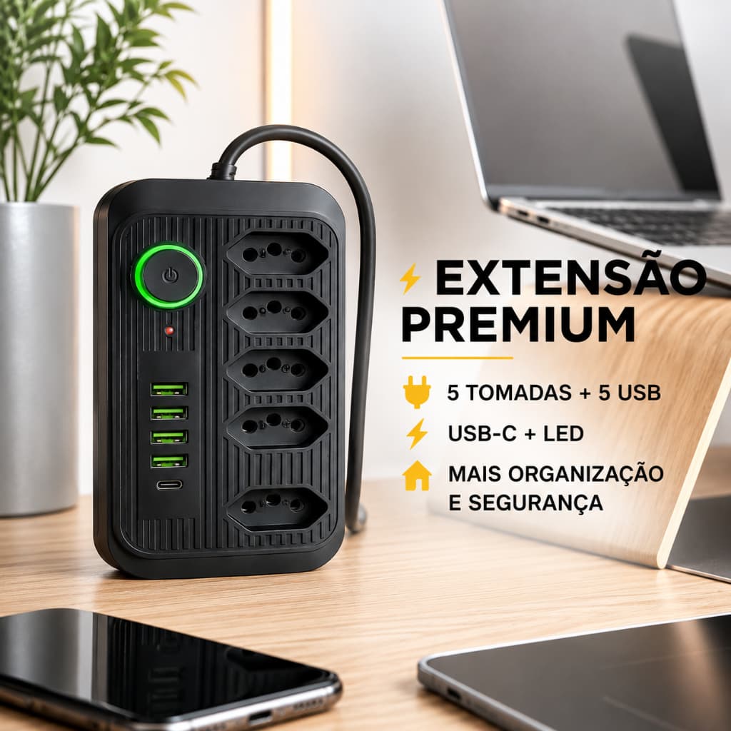 Extensão Filtro De Linha Segurança 5 Tomadas 4 Usb E Usb C Envio Imediato