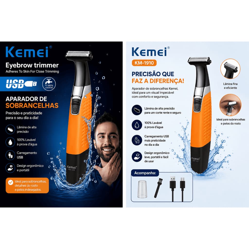 Aparador de Sobrancelha e Barba Kemei KM-1910 Recarregável USB 3 em 1 Masculino à Prova D’Água