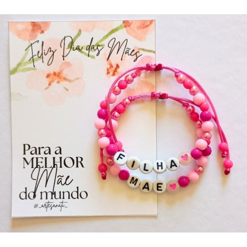 Par de pulseiras macramê Mãe e Filho - Mãe e Filha - Rosa - preto - madeira - laranja - vermelho