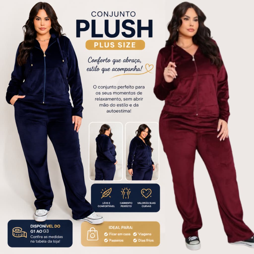 Conjunto Feminino Plush Plus Size c/ Capuz Liso Feminino Manga Longa Calça Outono Inverno