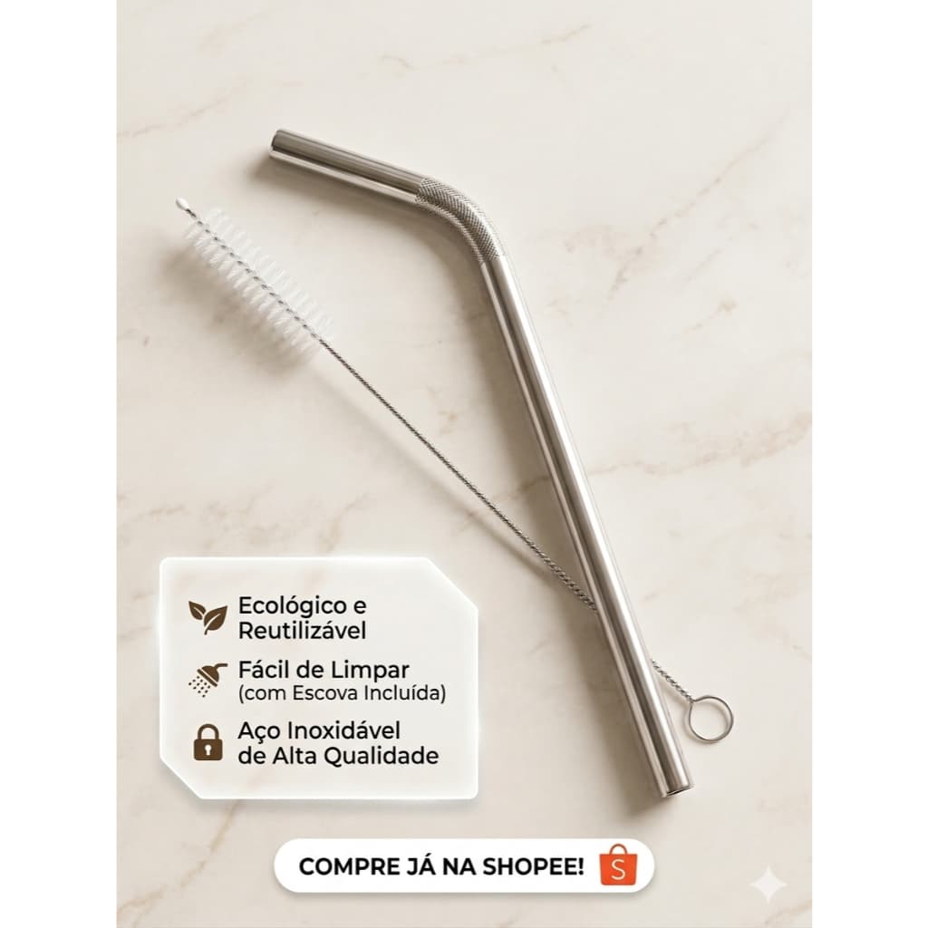Canudo Inox Reutilizável 21,5cm + Escova | Livre de BPA