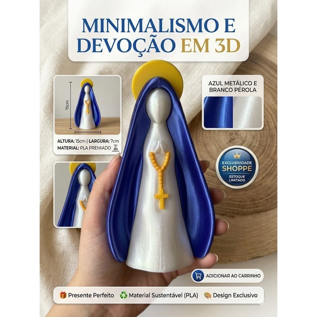 Escultura Decorativa Nossa Senhora com Manto Azul e Halo Dourado