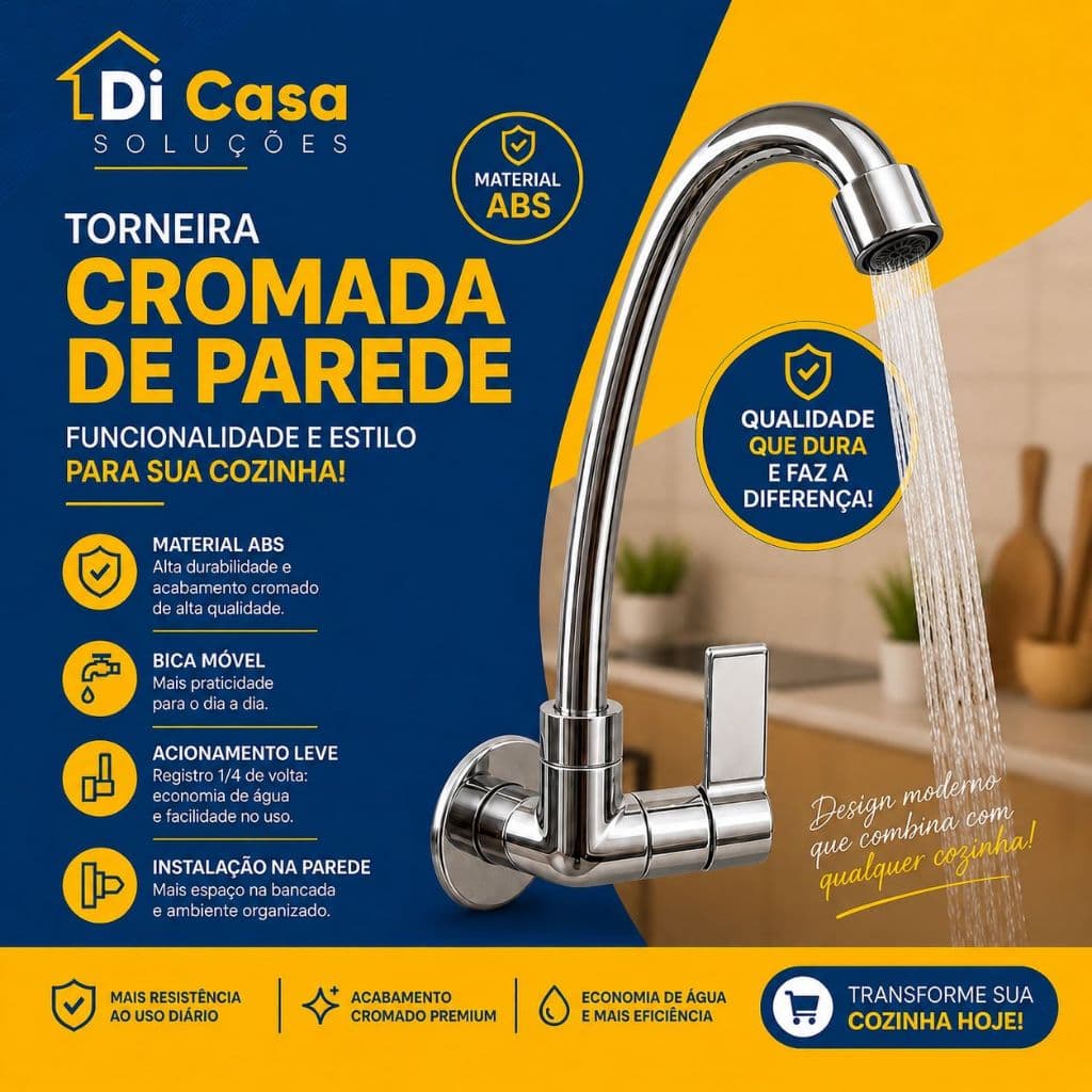 Torneira Cozinha Cromada de Parede ABS 1/4 Volta