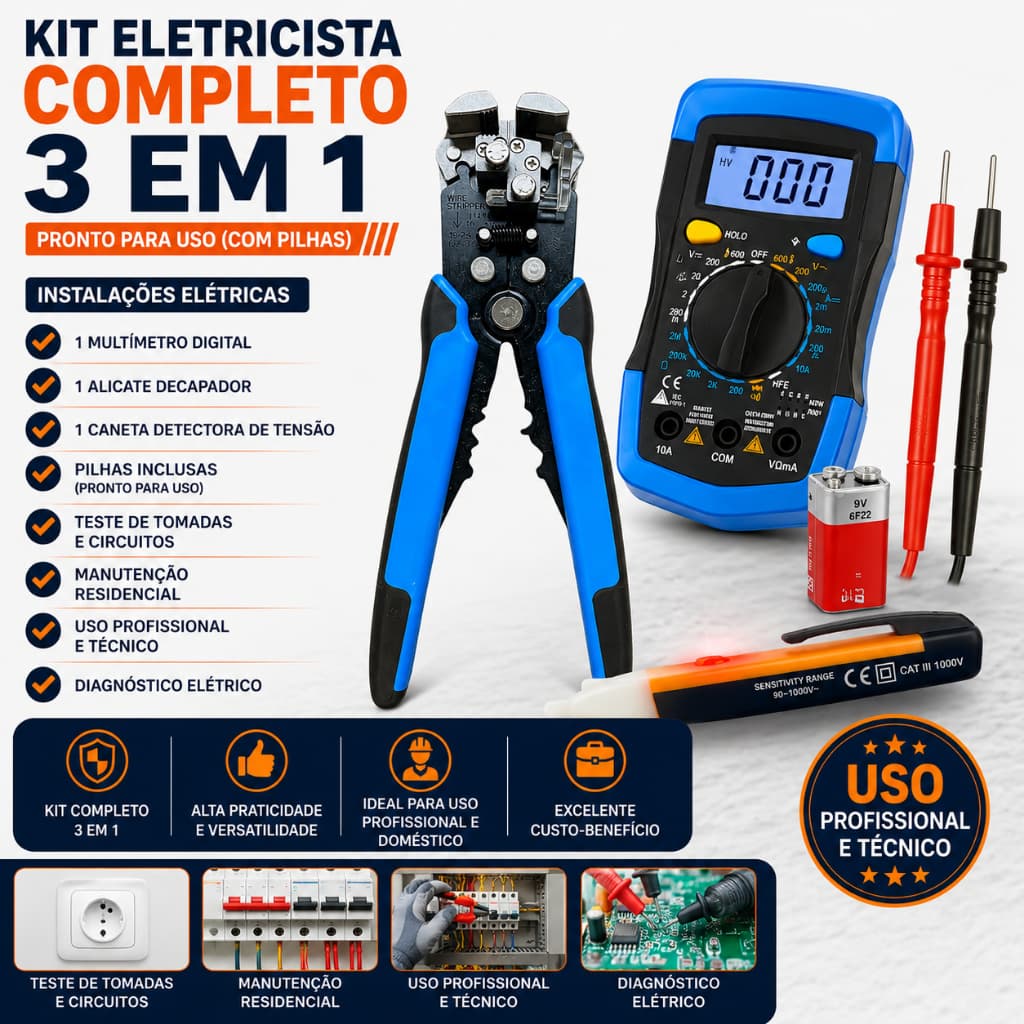 Kit Multímetro Digital Alicate Decapador Caneta Teste Tensão Eletricista Profissional 3em1
