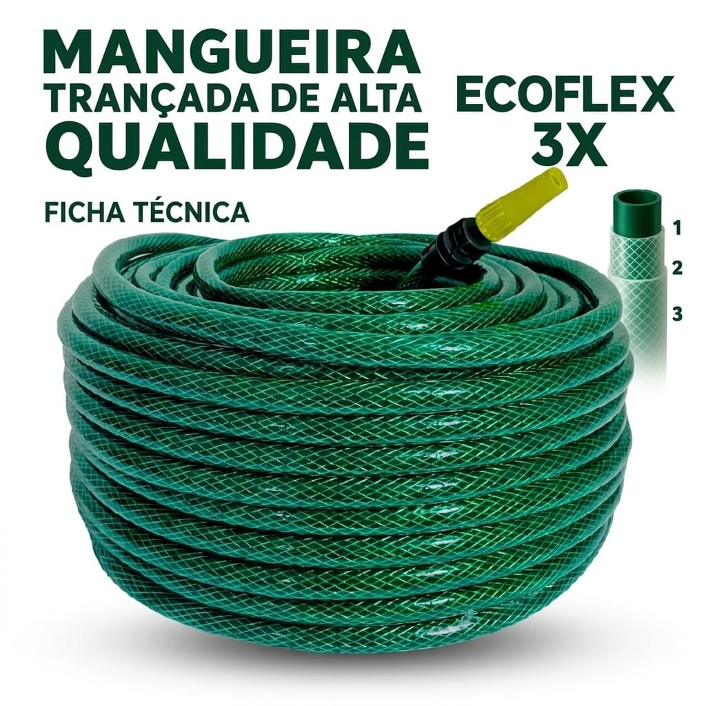 Mangueira de Jardim trançada — 15 metros, 7/16'', verde, super-flexível e de durabilidade extrema”