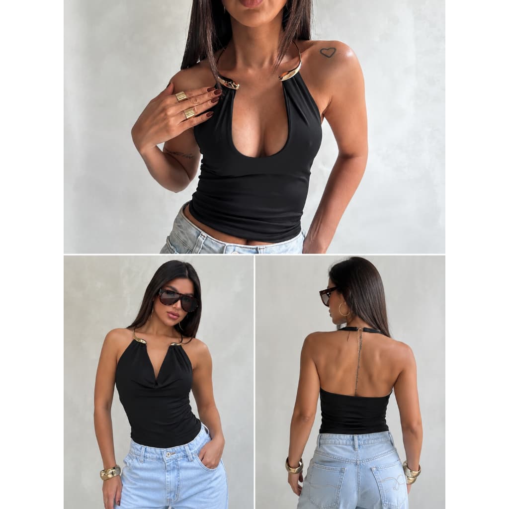 Blusa Luxo Elegante Feminino Suplex com Detalhe de Argola no Pescoço