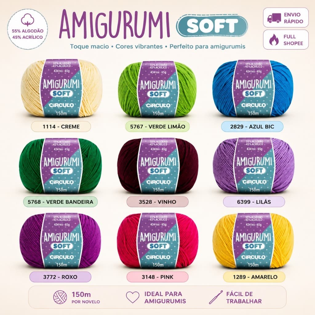 1 Fio Amigurumi Soft Círculo 65g 150m Para Crochê e Amigurumi NOVO