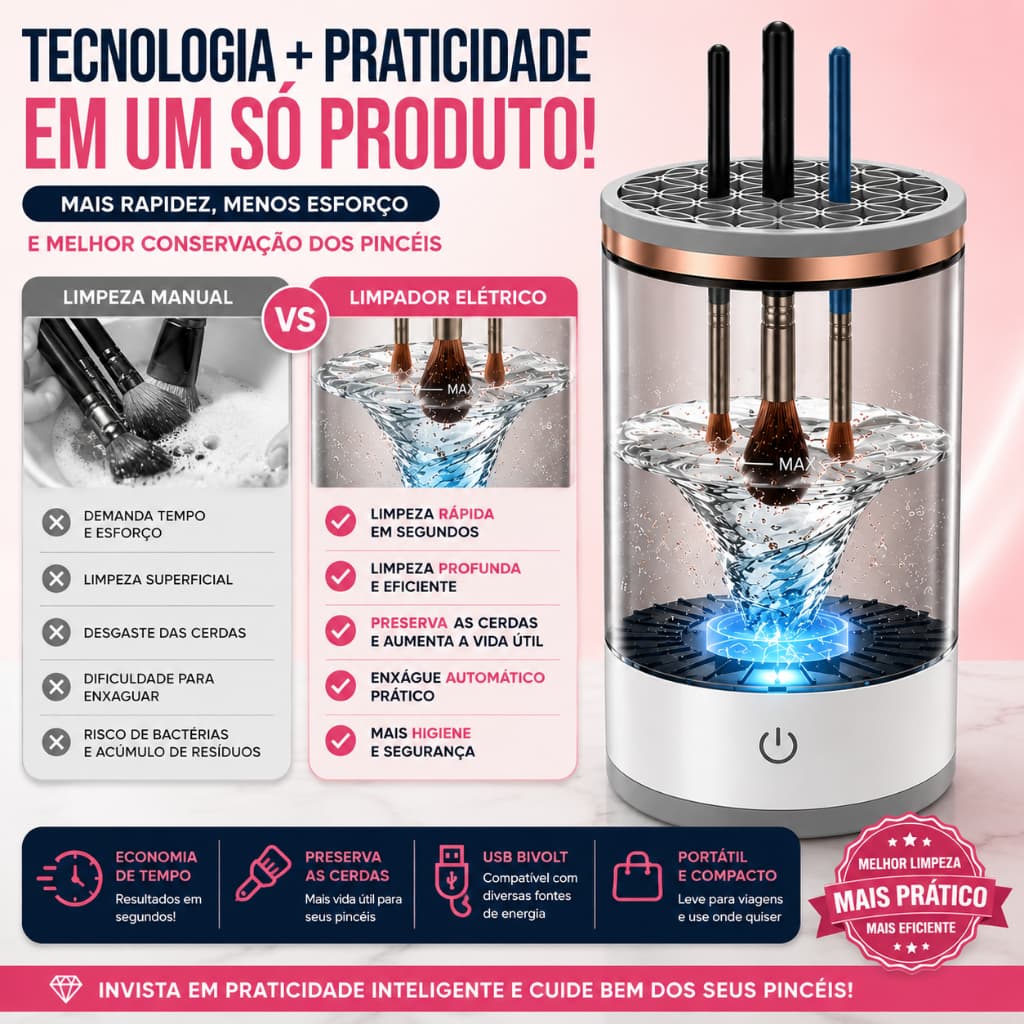 Limpador de Pincéis Maquiagem Elétrico Automático Bivolt USB Limpeza Rápida Portátil