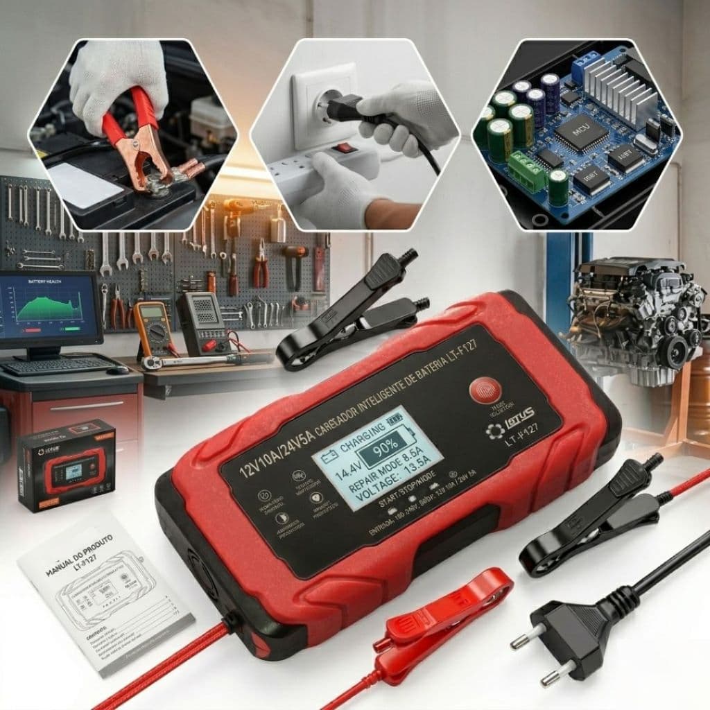 Carregador De Bateria Automotiva 12V 10A / 24V 5A Inteligente Portátil Carro Moto Caminhão Bivolt Digital