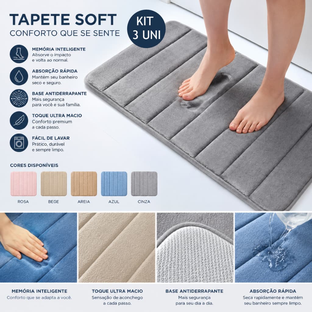 Kit 3 Tapetes Soft Antiderrapante Para Banheiro 40x60 cm Várias Cores