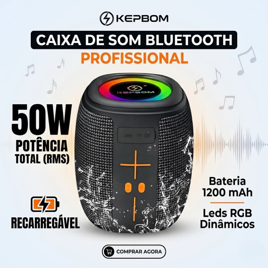 Caixa de Som Portátil a Prova de Água IPX4 Recarregável Bluetooth KA-8596 50W TWS LED USB SD FM com Graves Potentes