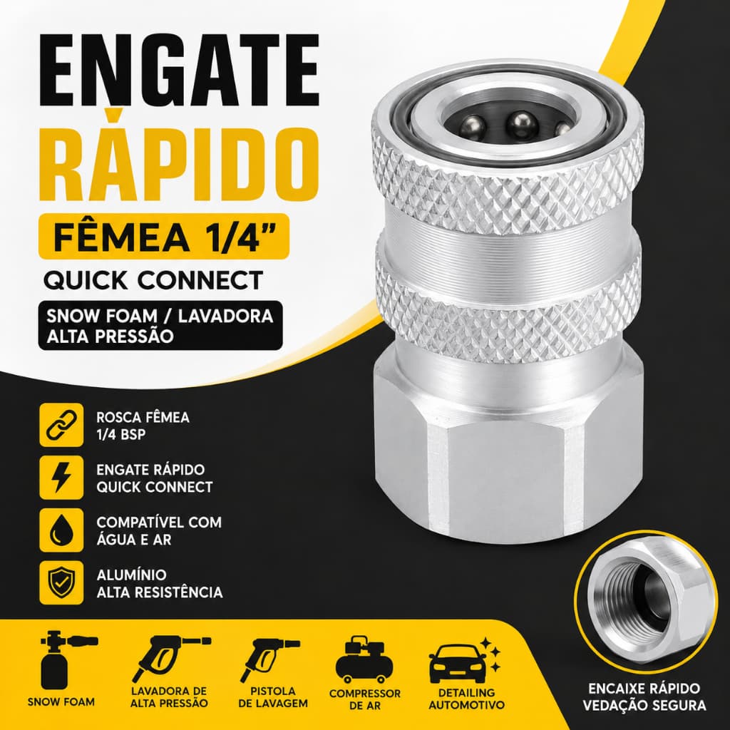 Engate Rápido Fêmea 1/4 BSP Quick Connect Snow Foam Automotivo Estetica Carro  Lavadora Alta Pressão