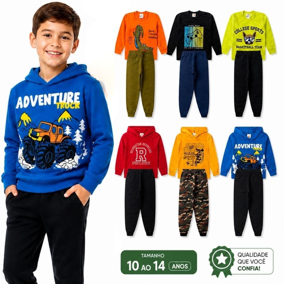 Conjunto Moletom Infantil Menino Roupa Inverno Masculino Juvenil Para O Frio Tamanho 10 ao 14 Anos