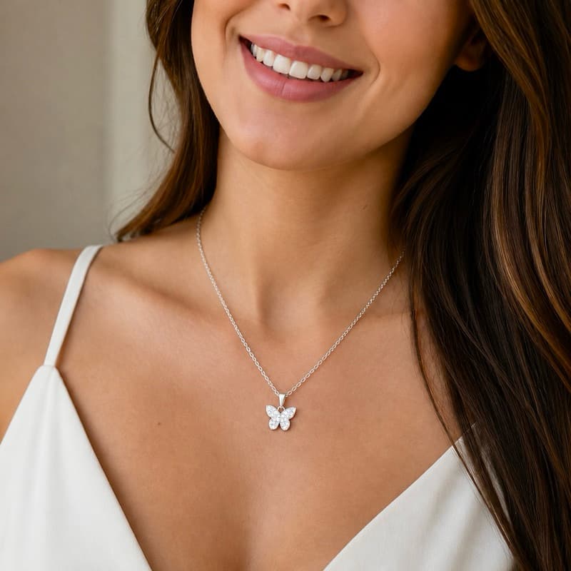 Colar Cordão Feminino Elo Português Cor Prata 925 2mm + Pingente Borboleta Cravejado | Não Descasca | Garantia Vitalicia