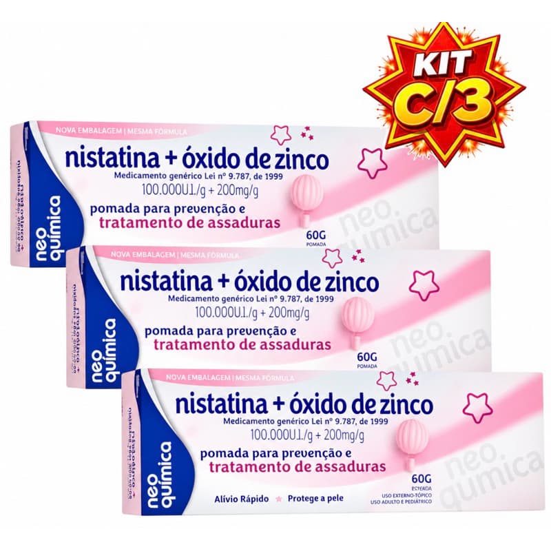 Kit c/3 Pomada Creme c/ Óxido de Zinco para assaduras 60grs - Previne e trata assaduras de bebês e adultos