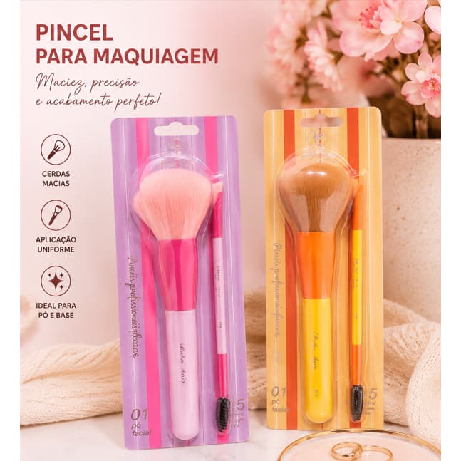 Conjunto Pincéis De Maquiagem De 2 Unidades Facial Pó e Olhos Rosa e Laranja