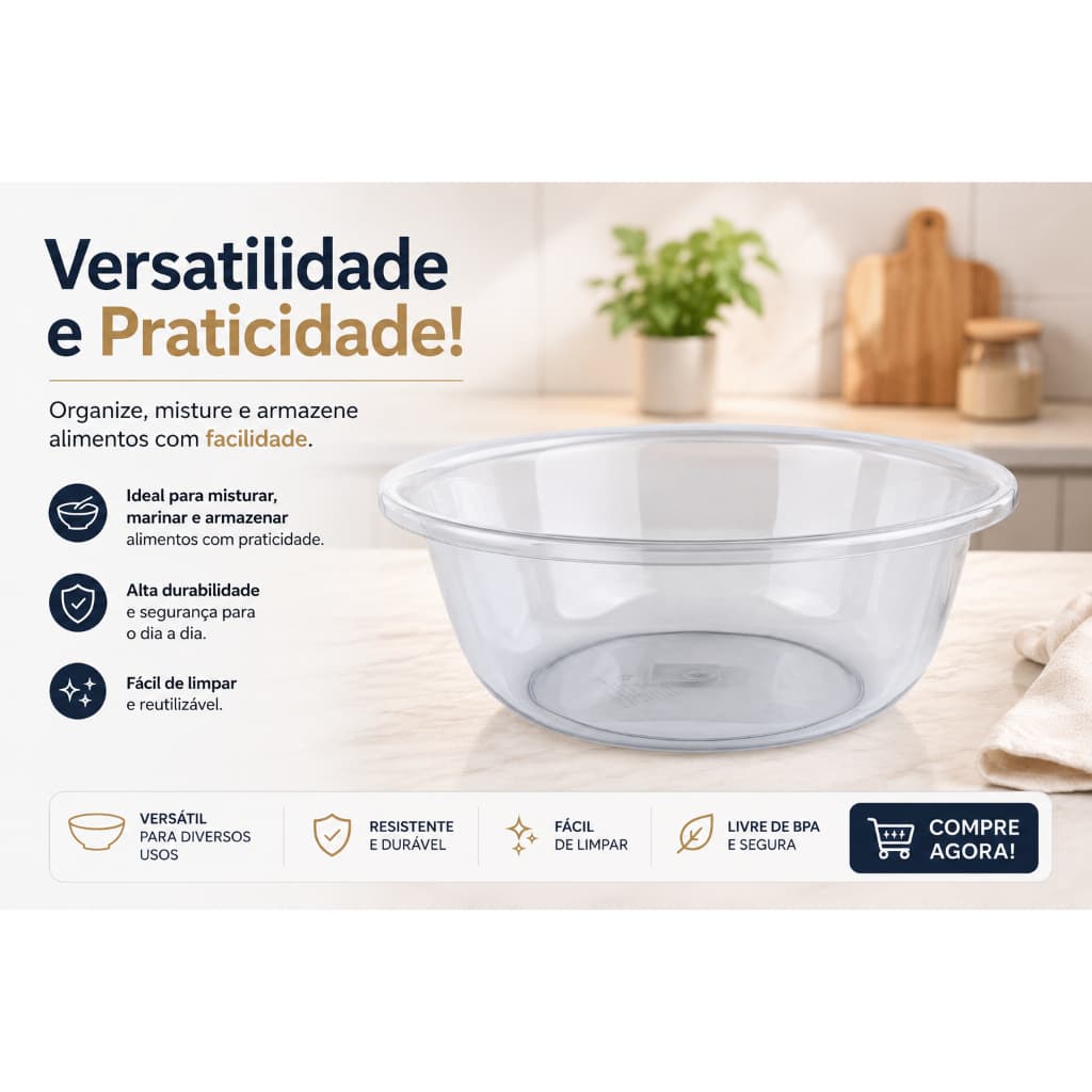 Bacia Pequena, Média e Grande para Cozinha Transparente – para Misturar Saladas, Marinar Carnes e Preparar Alimentos