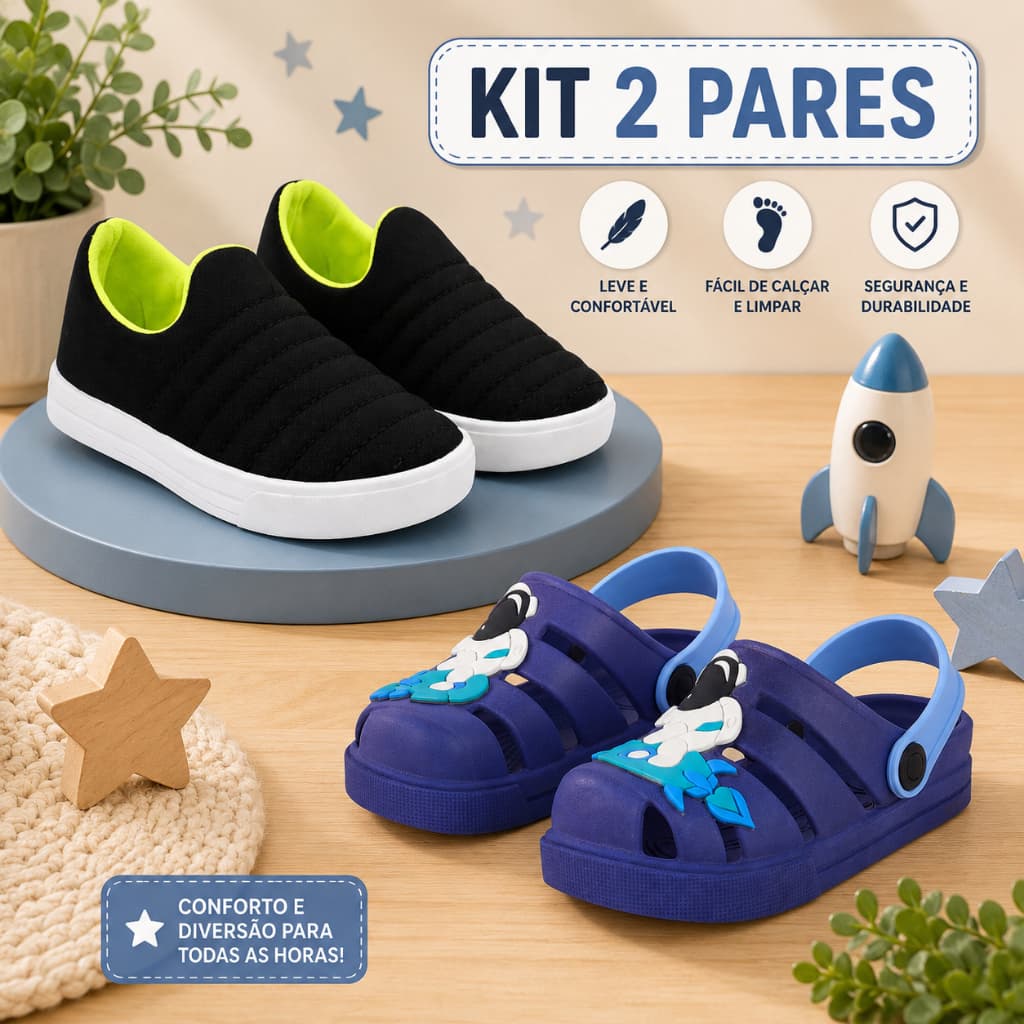 Kit Tênis Infantil Masculino + Sandália Papete Confortável e Leve