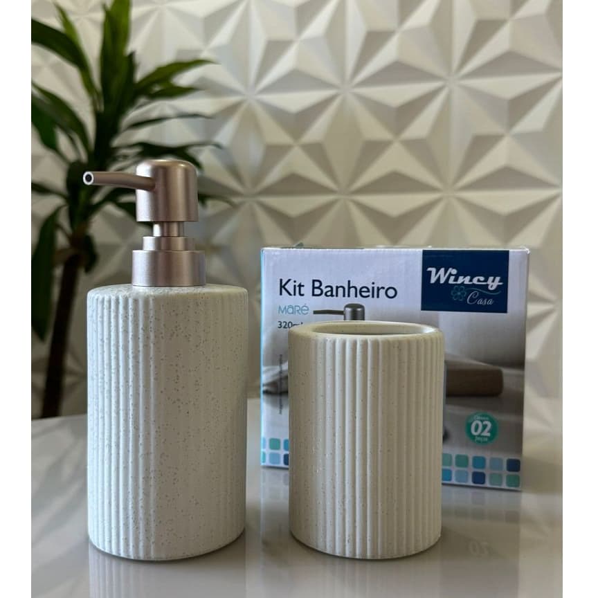 Kit de Banheiro Cerâmica Com 2 Peças Porta Sabonete Líquido e Porta Escova Maré