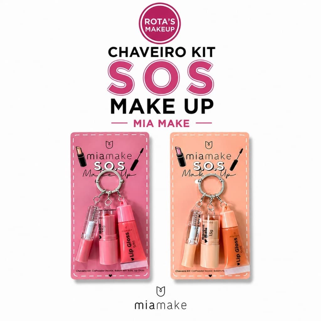 Chaveiro Kit SOS Make Up Mia Make 3 em 1 - Gel fixador, Batom bala e Lip Gloss