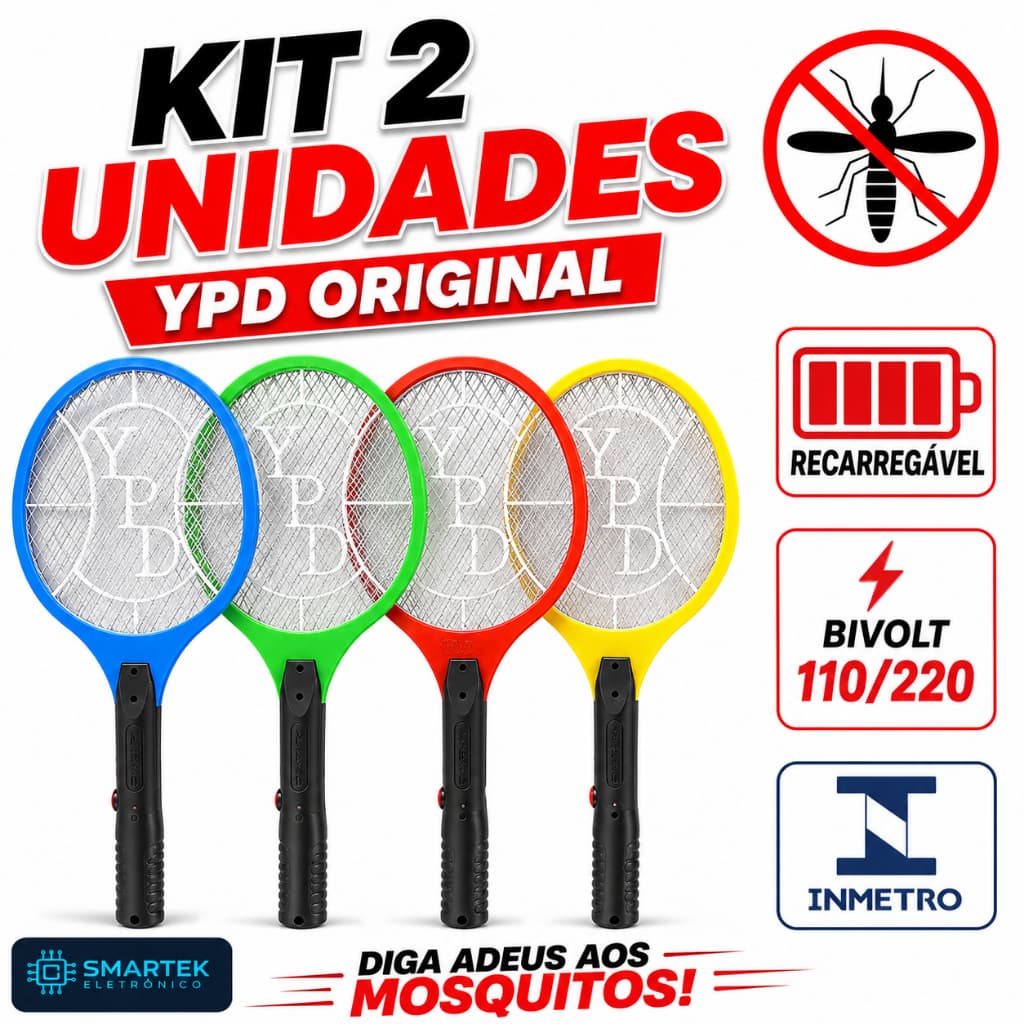 KIT 2 RAQUETES MATA MOSQUITO ELÉTRICA BIVOLT RECARREGÁVEL YPD ORIGINAL CORES SORTIDA COM NOTA FISCAL
