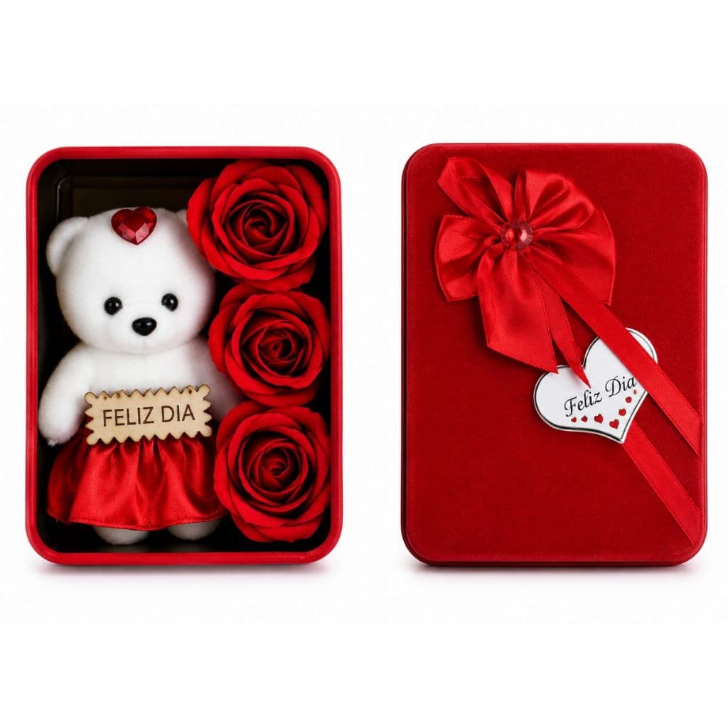 Presente Caixa com Ursinho e Rosas em Lata Coração Presente Romântico