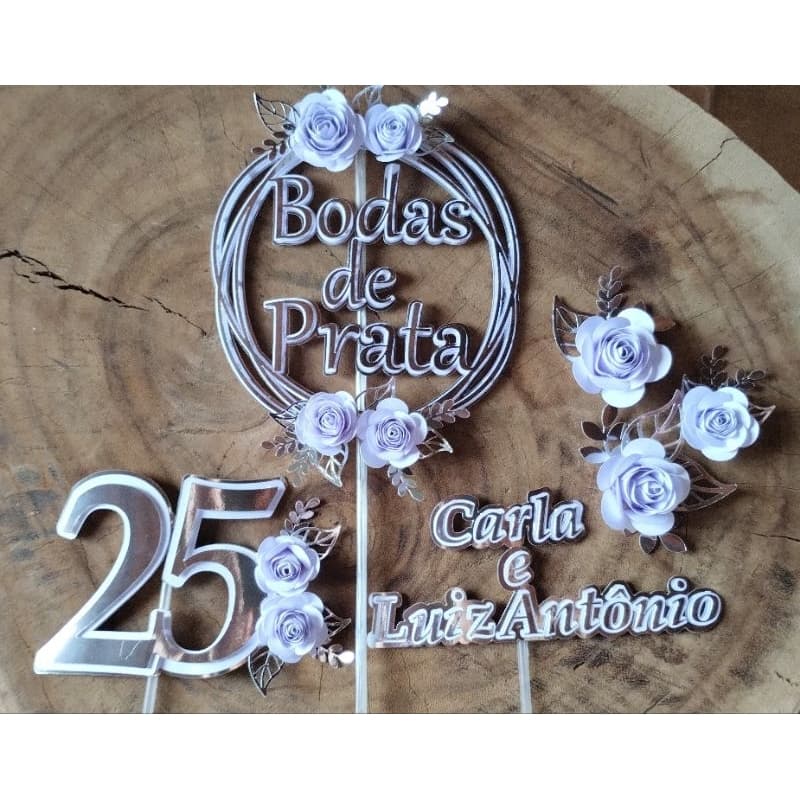 Topo de Bolo Bodas de Prata com Nome do casal- Topper de Bolo personalizado