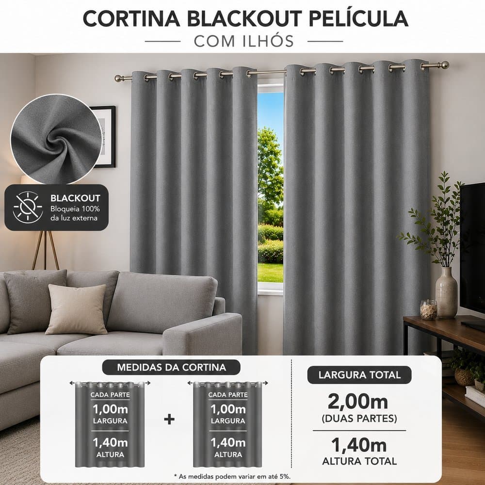 Cortina Blackout Película Ilhós 200x140 - Cinza - Janelas - Quarto - Sala - Escritórios /Home Office