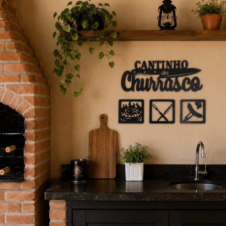 Kit Quadros MDF Cantinho do Churrasco Decorativo 3 Peças | Placas Decorativas para Área Gourmet e Churrasqueira 10cm