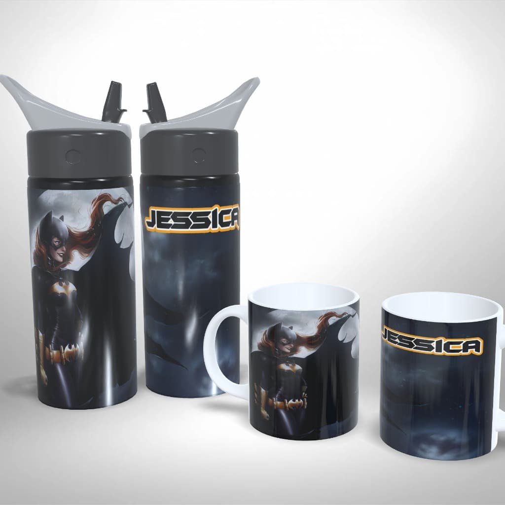 Kit Caneca + Squeeze Batgirl Geek Personalizada Alumínio Cerâmica Infantil Escolar