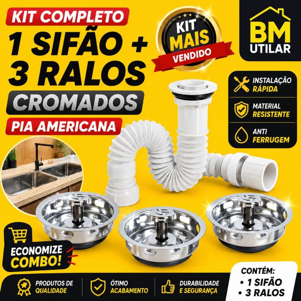Kit 3 Ralos de Pia Americano Cromado  Inox Anti Entupimento + 1 Sifão Flexível Para Cozinha Banheiro
