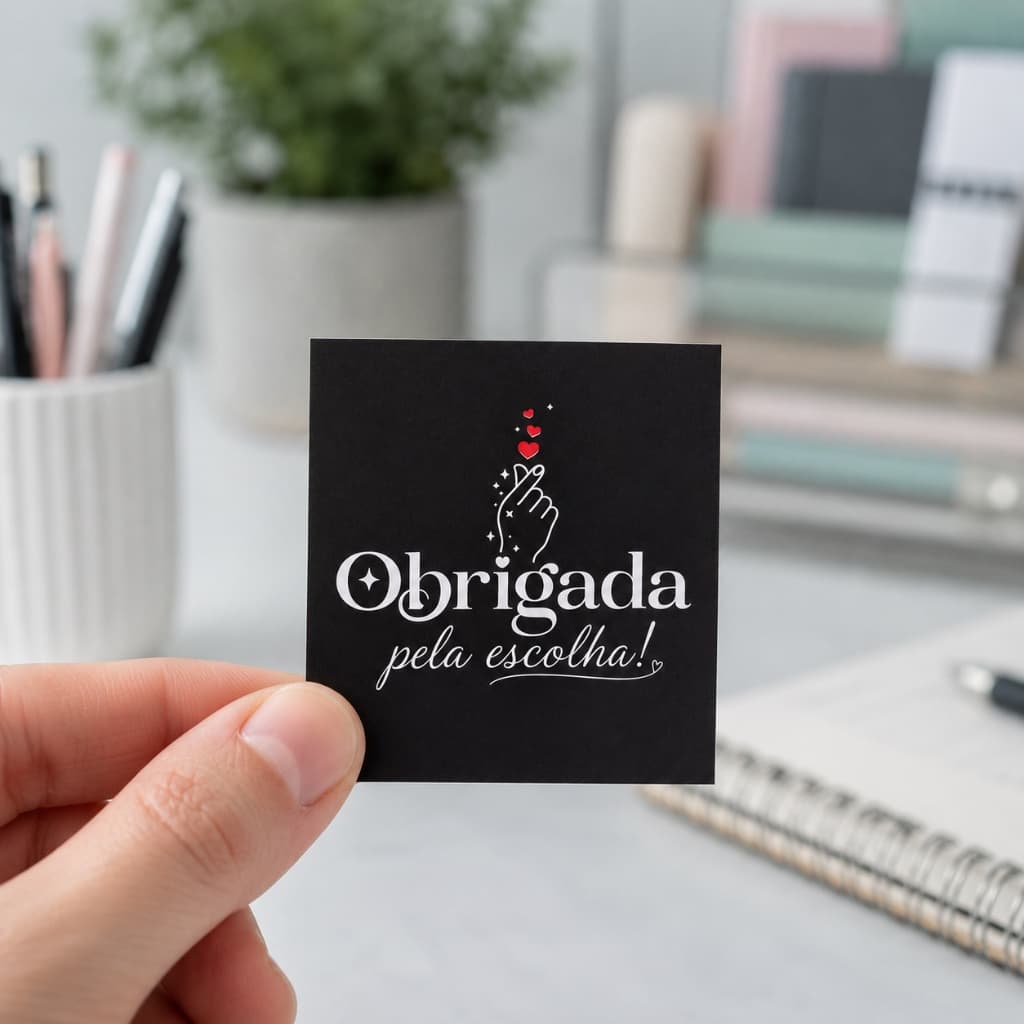 100 Mini Cartões Cliente Tag Agradecimento Frases Loja Obrigada pela compra preto mensagem mimo